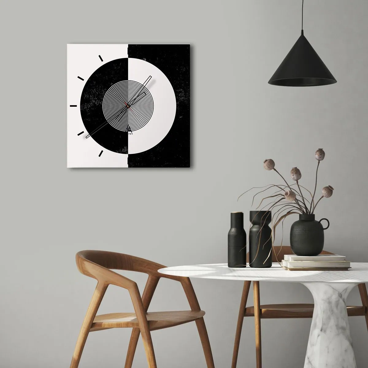 Väggklocka - Klocka på glas - Harmoni i svart och vitt - 30x30 cm