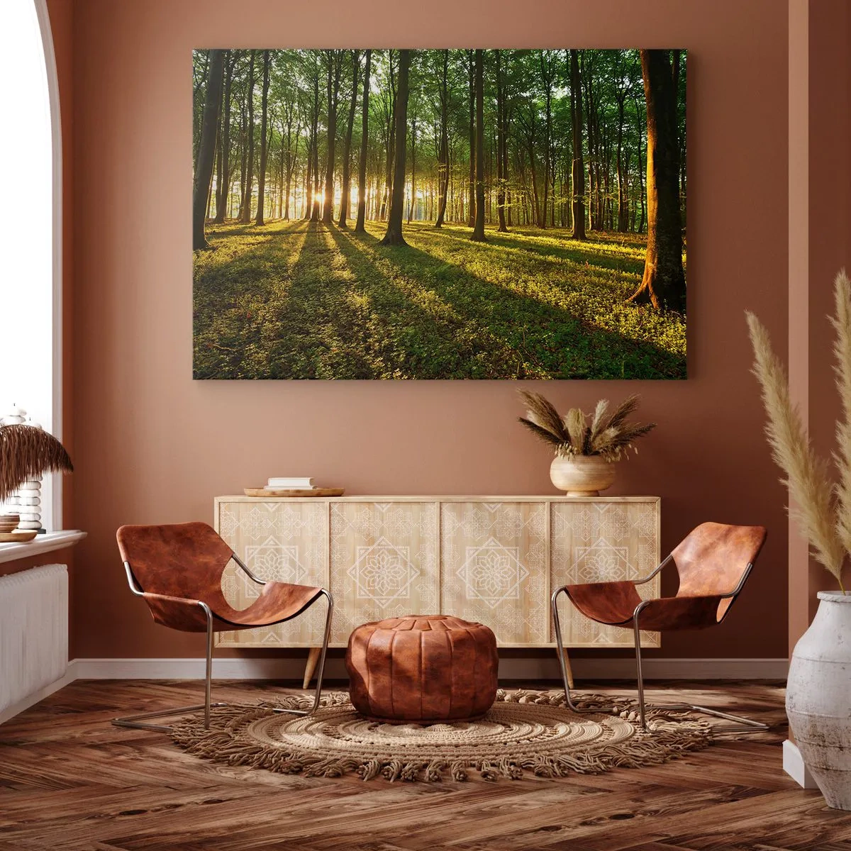 Canvastavla - Bild på duk - Solnedgången i lövskogen - 70x50cm - Fotografi av alla vårar - Modern väggdekoration för vardagsrum och sovrum ARTTOR