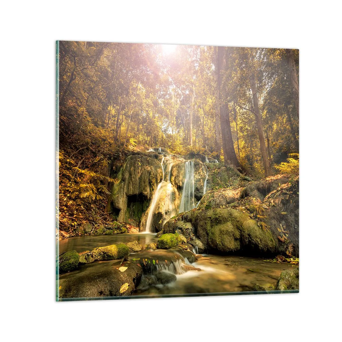 Glastavla - Bild på glas - Skogkaskad i grönt - 30x30 cm