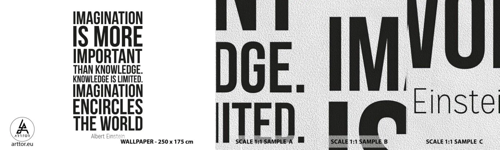 Provbit av fototapet Premium Sand - Einstein om fantasins styrka - Typografi, Bekräftelse, Maxim - 100x30 cm