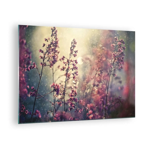 Glastavla - Bild på glas - Blommor i solljuset i det milda regnet - 70x50cm - Hemlighetsfull trädgård - Modern väggdekoration för vardagsrum och sovrum ARTTOR