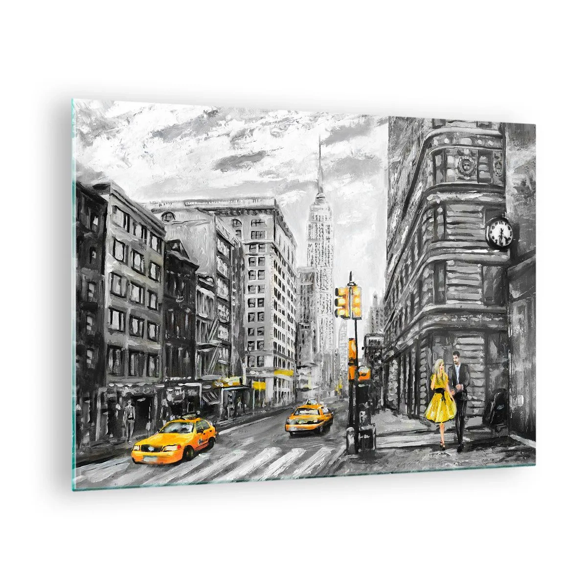 Glastavla - Bild på glas - En illustration av New York City i svartvita nyanser med gula accenter. - 70x50cm - New York berättelse - Modern väggdekoration för vardagsrum och sovrum ARTTOR