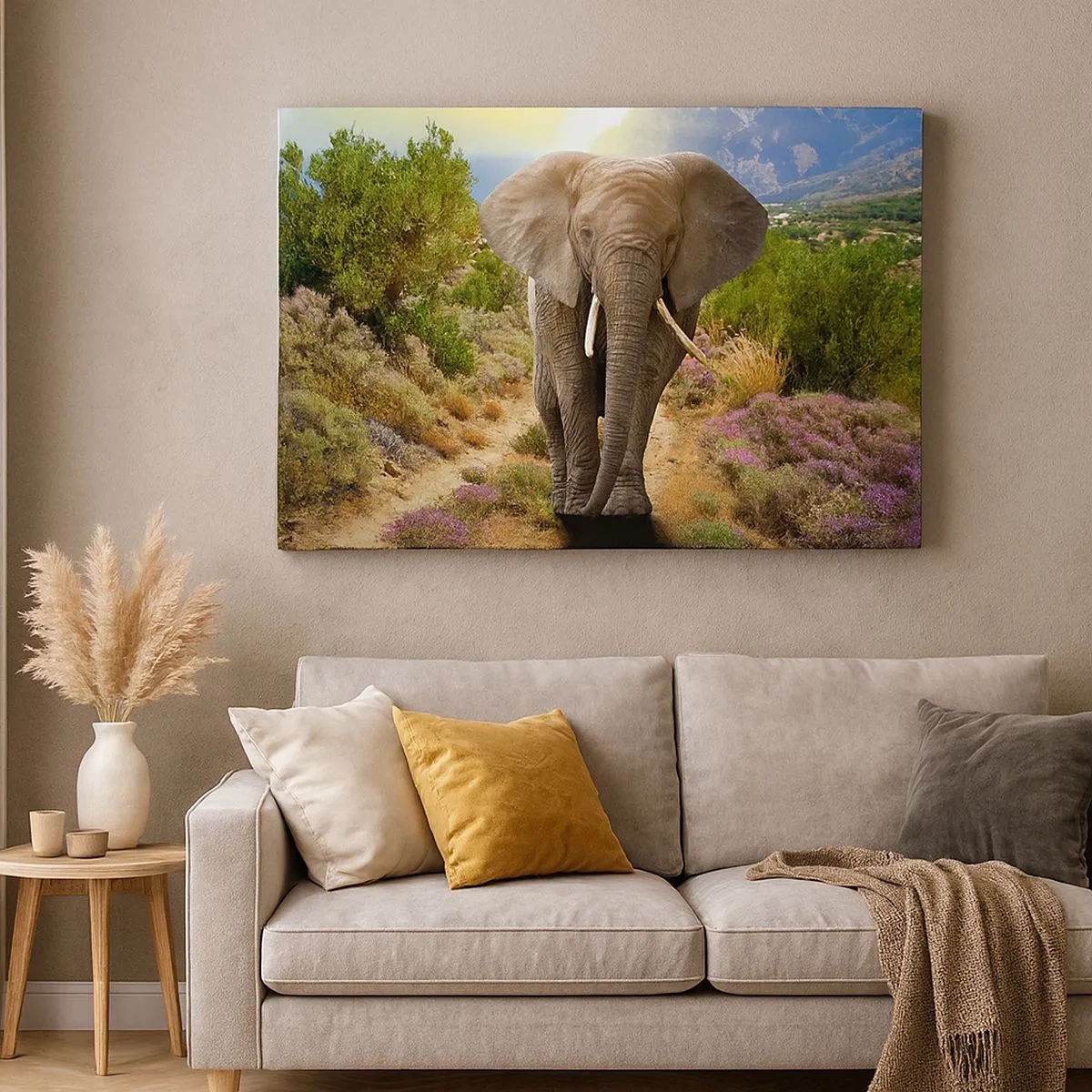 Canvastavla - Bild på duk - En afrikansk elefant mot ett savann- och bergslandskap - 70x50cm - Så såg Edens trädgård ut - Modern väggdekoration för vardagsrum och sovrum ARTTOR