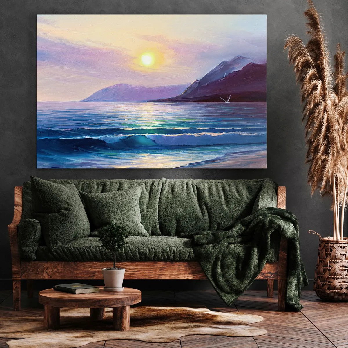 Canvastavla - Bild på duk - Ett pittoreskt havslandskap vid solnedgången med vågor och berg - 70x50cm - Vattnets och luftens kristall - Modern väggdekoration för vardagsrum och sovrum ARTTOR