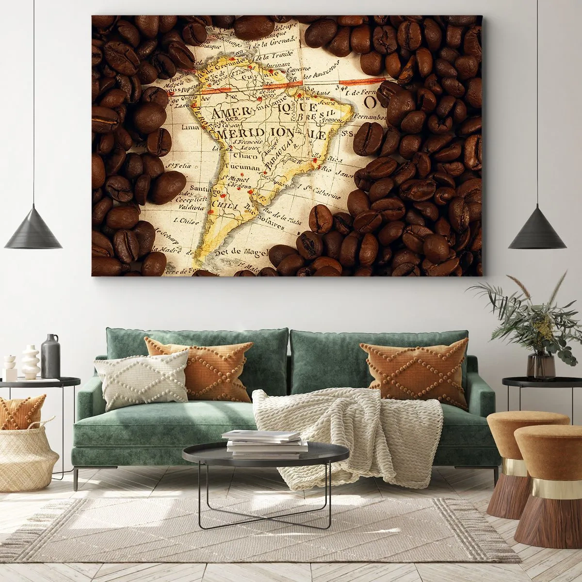 Canvastavla - Bild på duk - En karta över Sydamerika omgiven av kaffebönor. - 70x50cm - Varifrån kommer det bästa kaffet? - Modern väggdekoration för vardagsrum och sovrum ARTTOR