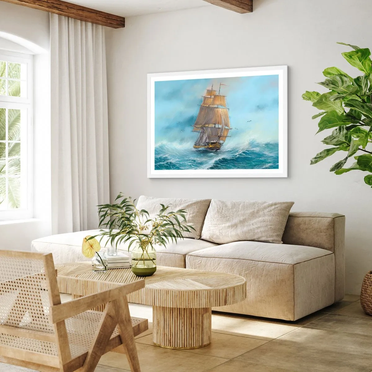 Affisch i vit ram - Vinkande genom vågorna - 100x70 cm