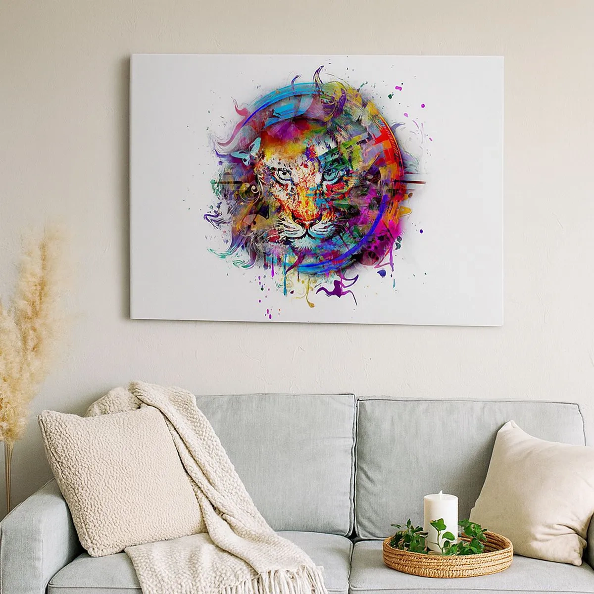 Canvastavla - Bild på duk - Färgglatt porträtt av ett lejon i abstrakt stil - 70x50cm - Lurar bakom regnbågen - Modern väggdekoration för vardagsrum och sovrum ARTTOR