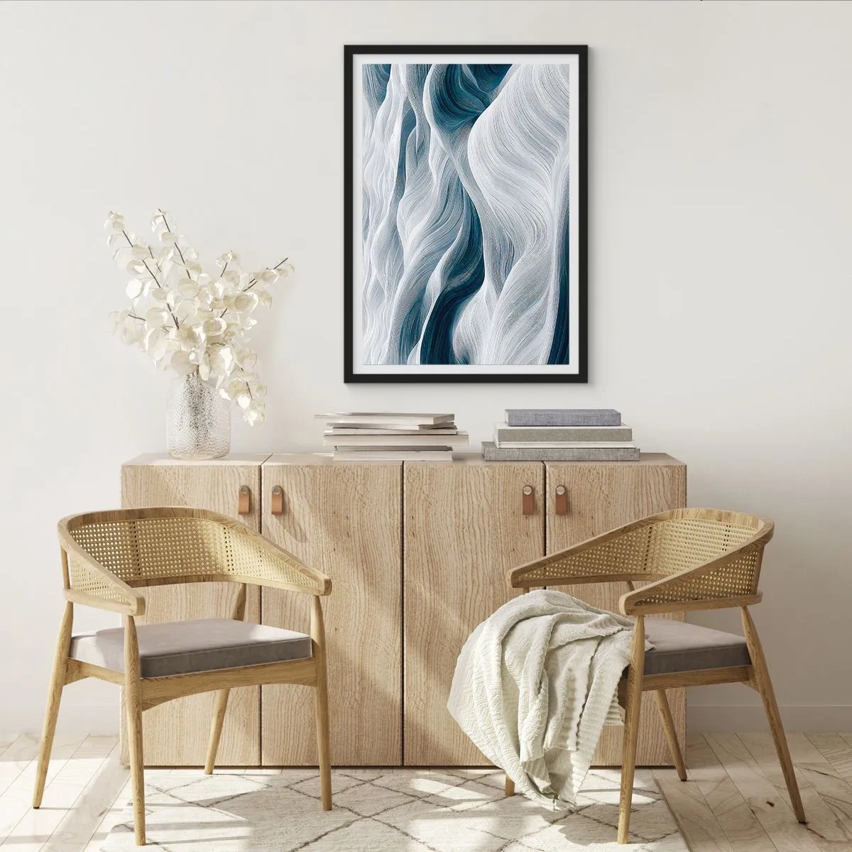Affisch i svart ram - Abstrakta vågor i nyanser av vitt och marinblått - 50x70cm - Vitblåa vågor - Modern väggdekoration för vardagsrum och sovrum ARTTOR