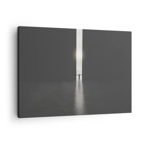 Canvastavla - Bild på duk - En man som står i ljuset av en smal springa i ett mörkt utrymme - 70x50cm - Ett steg mot den ljusa framtiden - Modern väggdekoration för vardagsrum och sovrum ARTTOR
