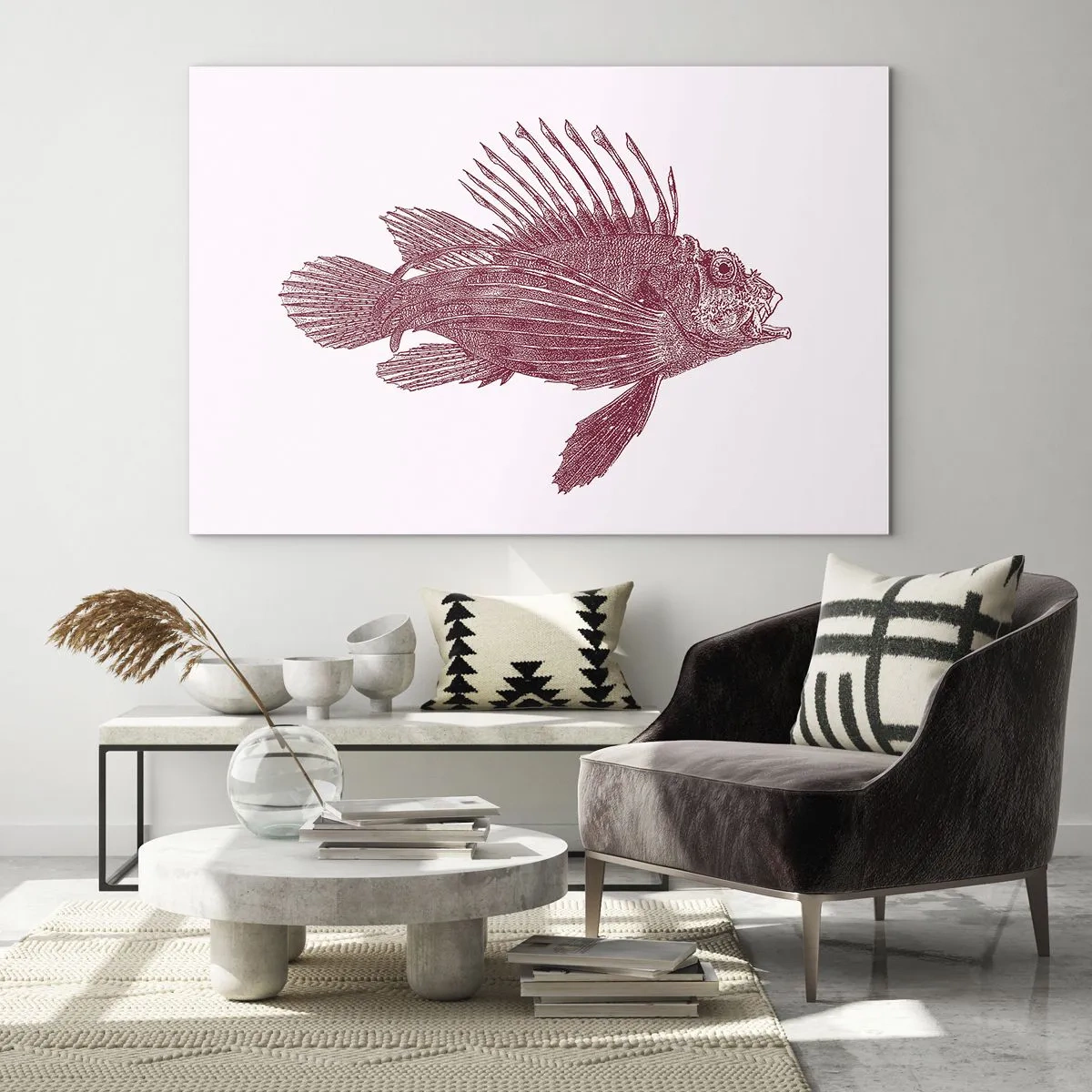 Glastavla - Bild på glas - Skiss av en exotisk fisk i vinröd färg på en ljus bakgrund - 70x50cm - En invånare i exotiska vatten - Modern väggdekoration för vardagsrum och sovrum ARTTOR