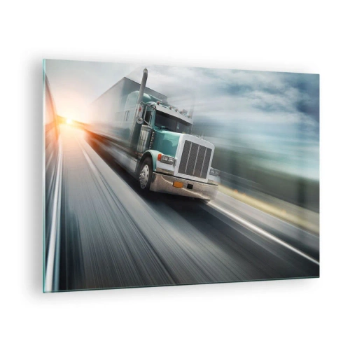Glastavla - Bild på glas - Lastbil på motorvägen vid solnedgången - 70x50cm - Amerikanska jätten i full fart - Modern väggdekoration för vardagsrum och sovrum ARTTOR
