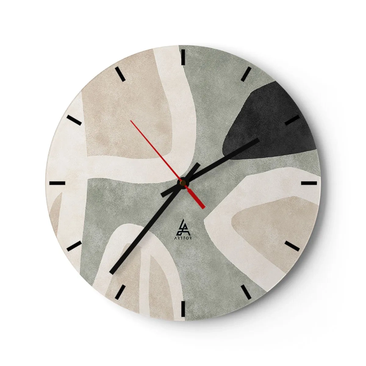 Väggklocka - Klocka på glas - Organiska former i beige, svart och grönt mot en ljus bakgrund - 30x30cm - Komposition med svart motiv - Modern väggdekoration för vardagsrum, kök och sovrum ARTTOR