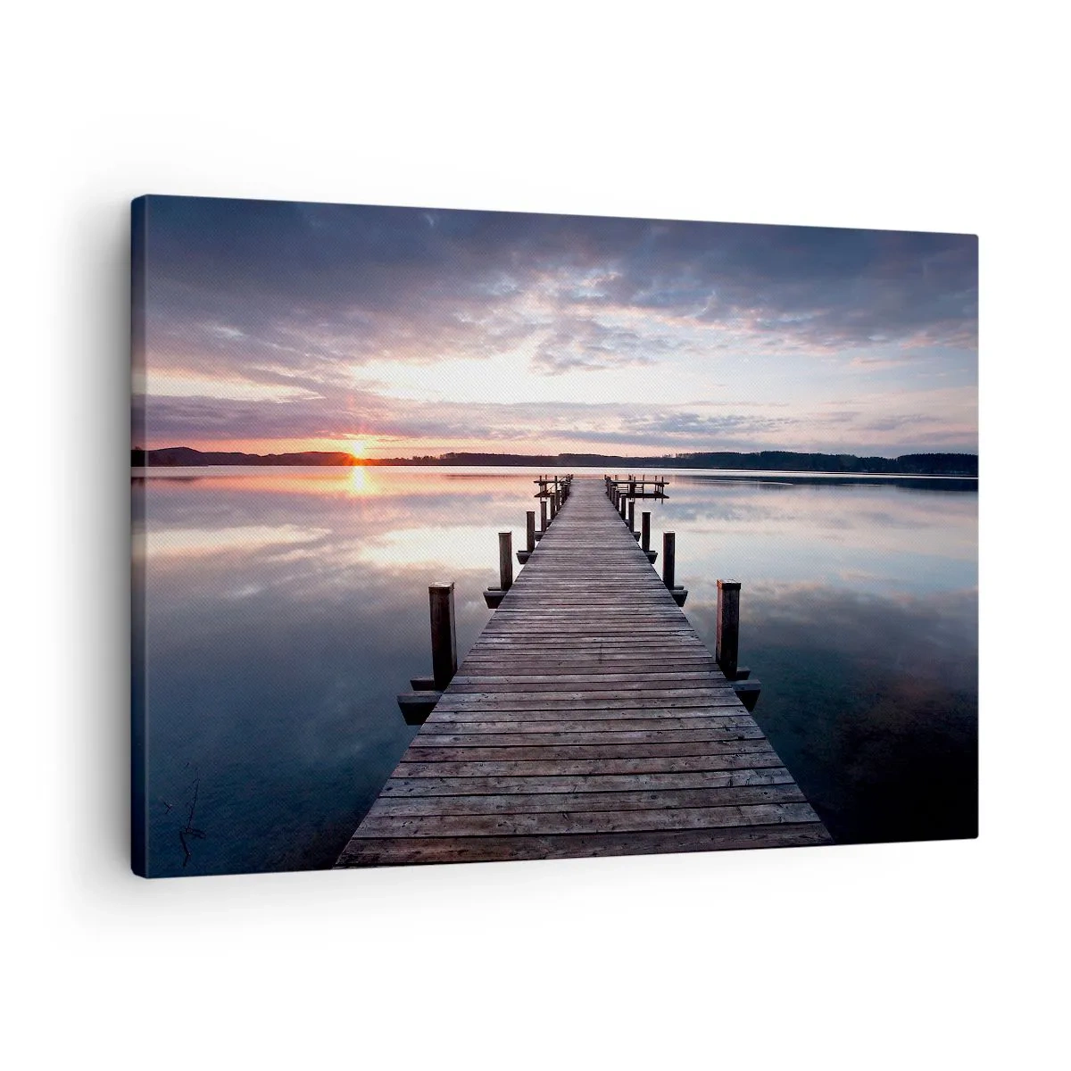Canvastavla - Bild på duk - En pir vid en sjö vid solnedgången i ett fridfullt landskap - 70x50cm - Den tysta gränsen mellan dag och natt - Modern väggdekoration för vardagsrum och sovrum ARTTOR