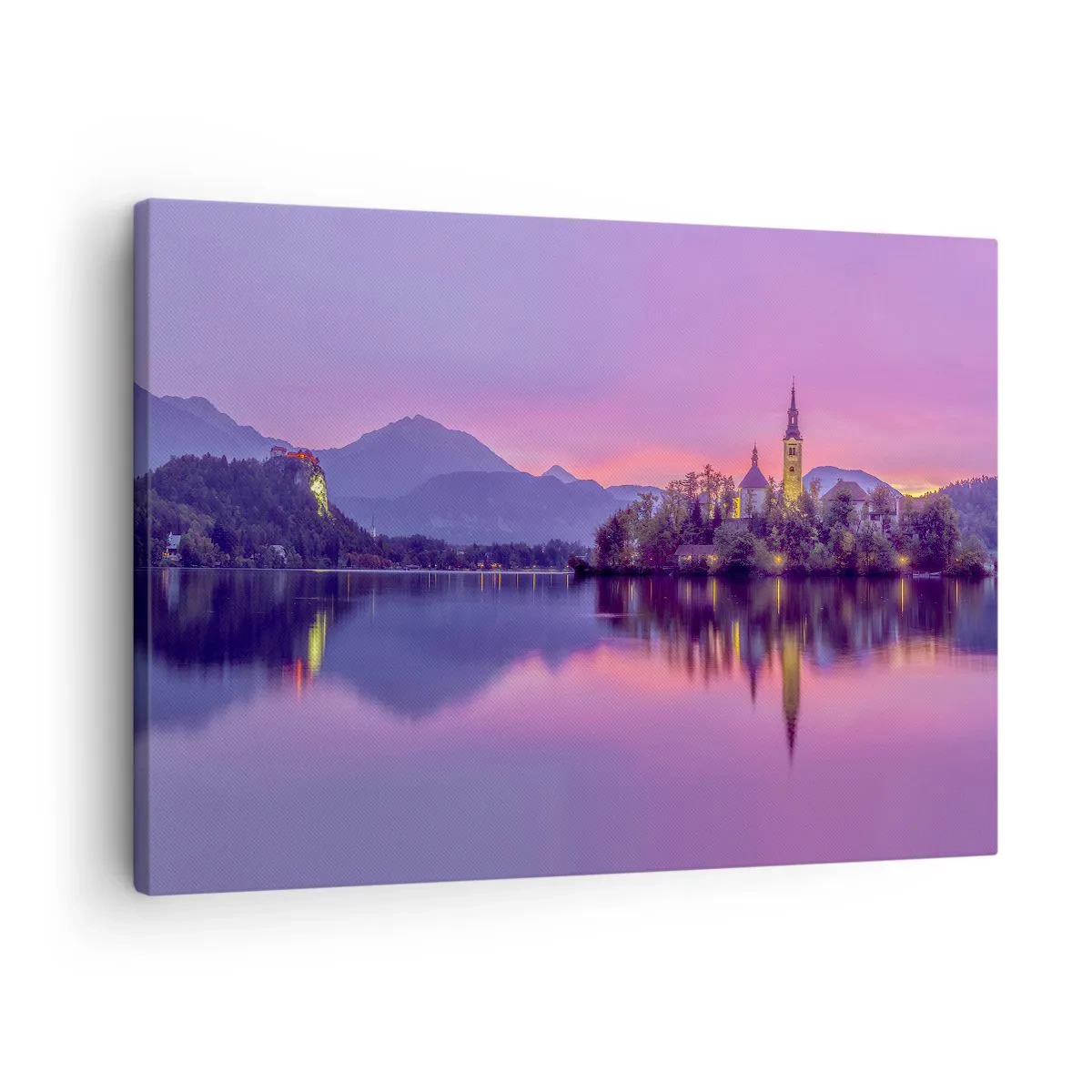 Canvastavla - Bild på duk - Sjö med en ö och en kyrka vid solnedgången - 70x50cm - Sagoön i solnedgången  - Modern väggdekoration för vardagsrum och sovrum ARTTOR