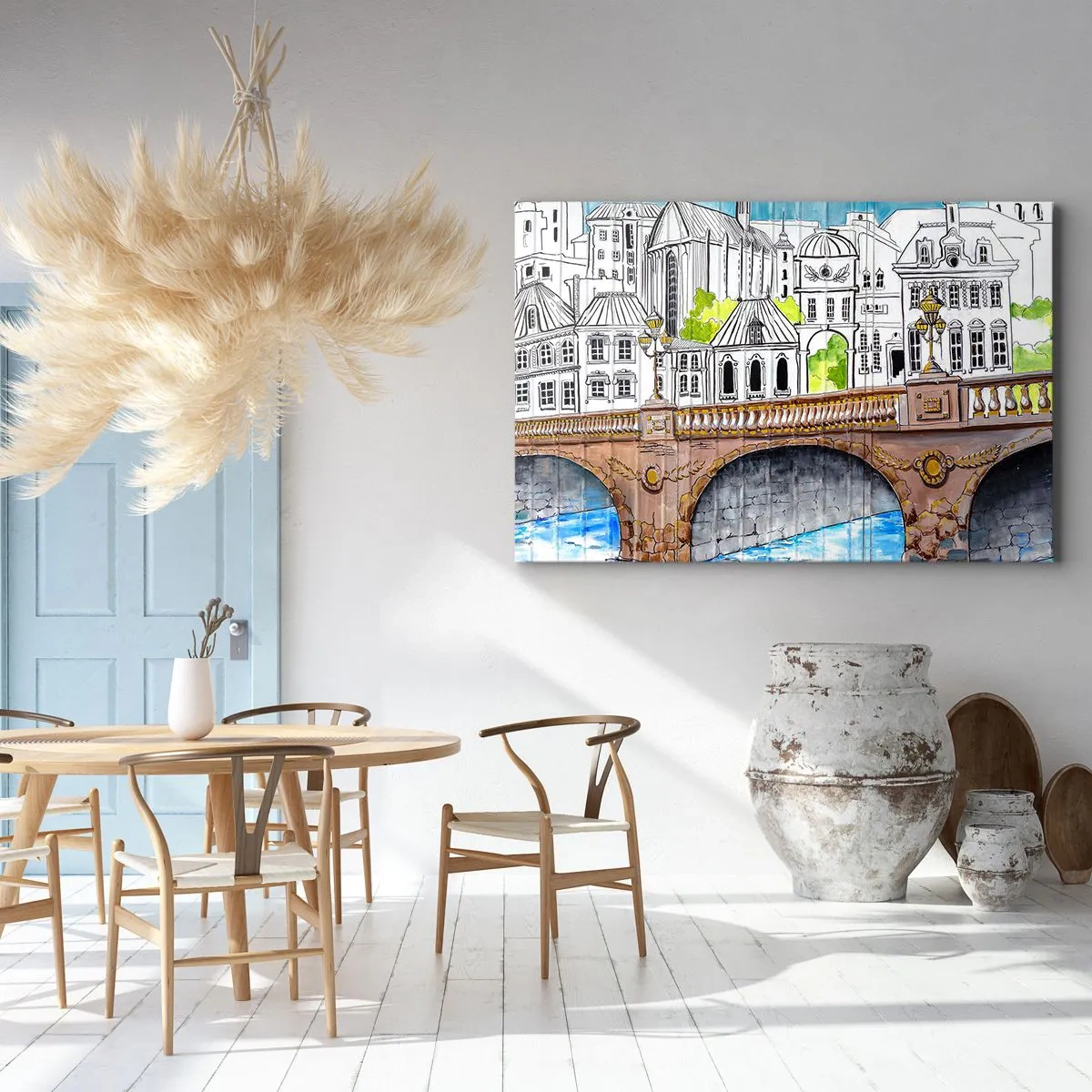 Canvastavla - Bild på duk - Ritning av bron och historisk stadsarkitektur - 70x50cm - Stad som målad - Modern väggdekoration för vardagsrum och sovrum ARTTOR