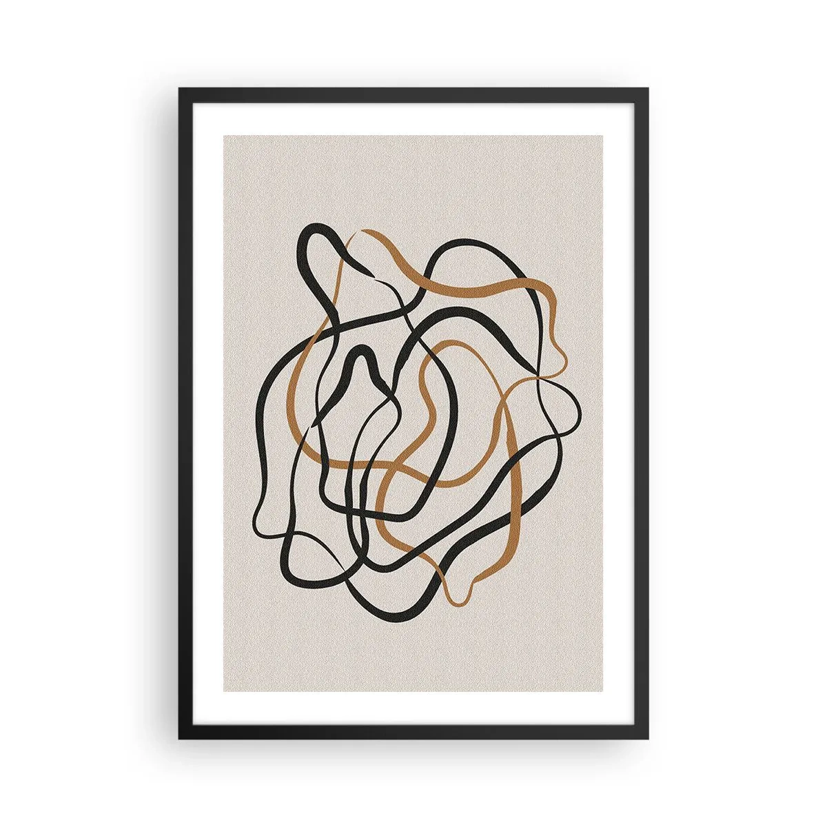 Affisch i svart ram - Abstrakta trassliga linjer i svart och guld på beige - 50x70cm - Allt har gått fel - Modern väggdekoration för vardagsrum och sovrum ARTTOR