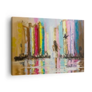 Canvastavla - Bild på duk - En färgglad stad och en kvinna i en vit klänning med en fågel - 70x50cm - Kom med mig - Modern väggdekoration för vardagsrum och sovrum ARTTOR
