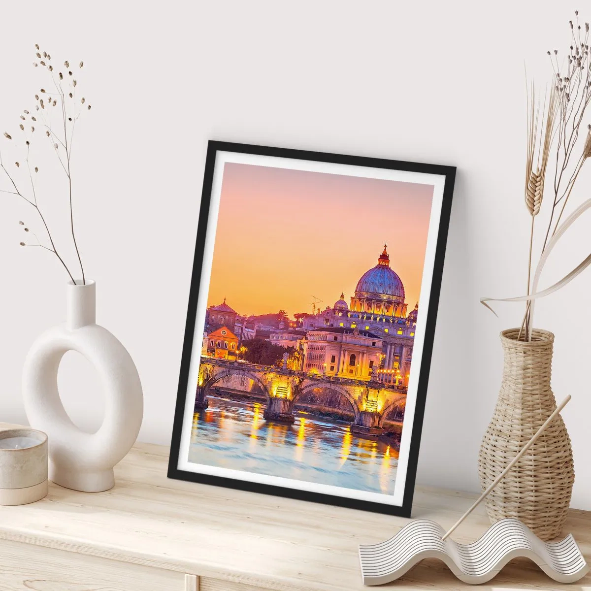Affisch i svart ram - Solnedgång över bron och basilikan med ljus i Rom - 50x70cm - Solnedgången över Den eviga staden - Modern väggdekoration för vardagsrum och sovrum ARTTOR