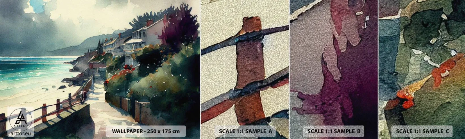 Provbit av fototapet Premium Sand - Medelhavsstad - Hus, Landskap, Strand - 100x30 cm