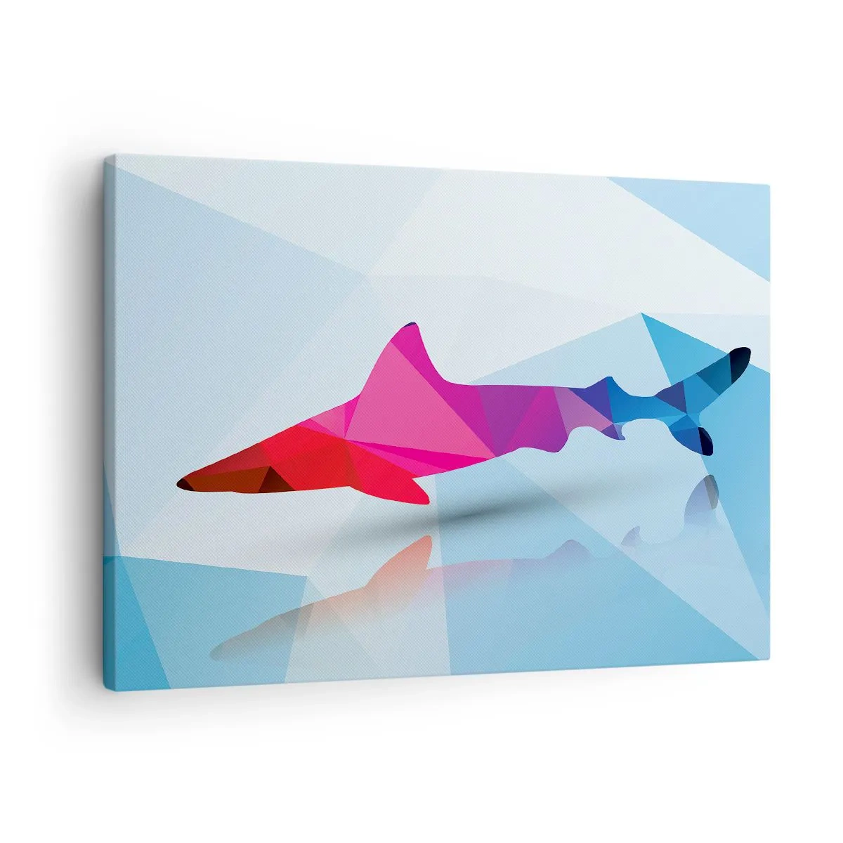 Canvastavla - Bild på duk - Geometrisk hajsilhuett i nyanser av rosa och blått - 70x50cm - Haj i kristallrummet - Modern väggdekoration för vardagsrum och sovrum ARTTOR