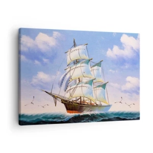 Canvastavla - Bild på duk - Ett segelfartyg på öppet hav under en blå himmel - 70x50cm - Stolt med vinden - Modern väggdekoration för vardagsrum och sovrum ARTTOR
