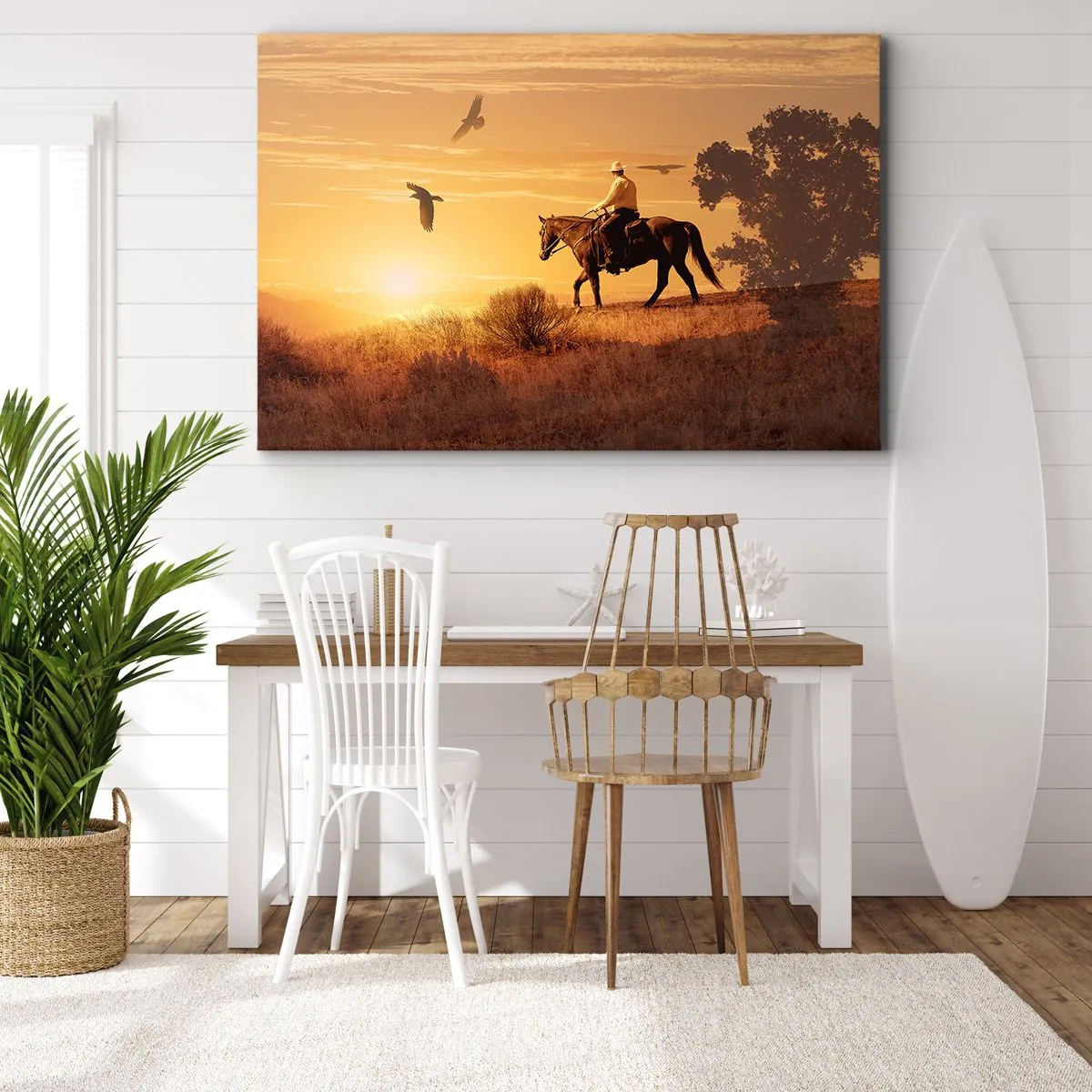 Canvastavla - Bild på duk - En ryttare på en häst vid solnedgången mot prärien - 70x50cm - Ensamt genom prärien - Modern väggdekoration för vardagsrum och sovrum ARTTOR