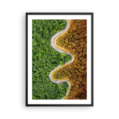 Affisch i svart ram - En väg som slingrar sig genom en skog uppdelad i gröna och höstliga delar - 50x70cm - Gränser och genombrott - Modern väggdekoration för vardagsrum och sovrum ARTTOR