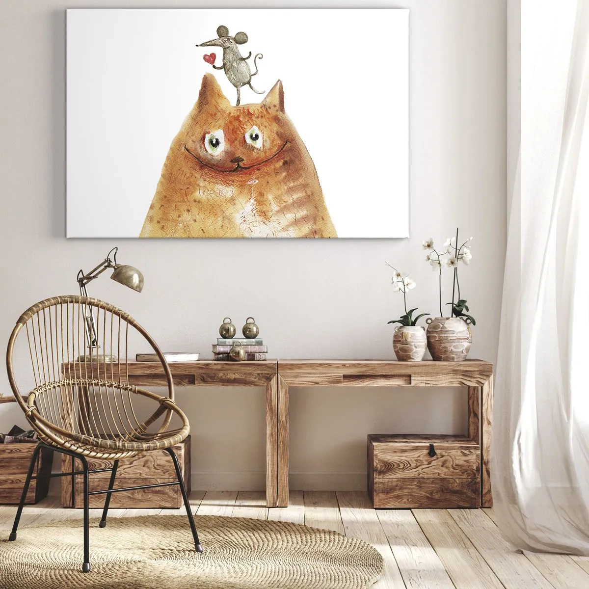 Canvastavla - Bild på duk - En teckning av en katt med en mus på huvudet som håller ett hjärta - 70x50cm - Kärlekens paradoxer - Modern väggdekoration för vardagsrum och sovrum ARTTOR