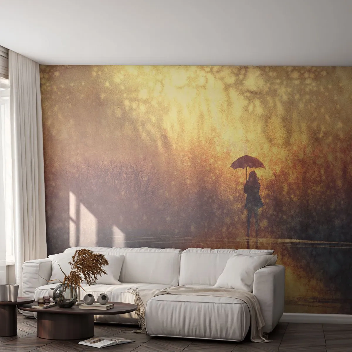 Självhäftande Fototapet Deluxe Sticker - Jag känner att någon tittar på mig - Abstraktion, Kvinna, Gå i regnet - 250x175 cm
