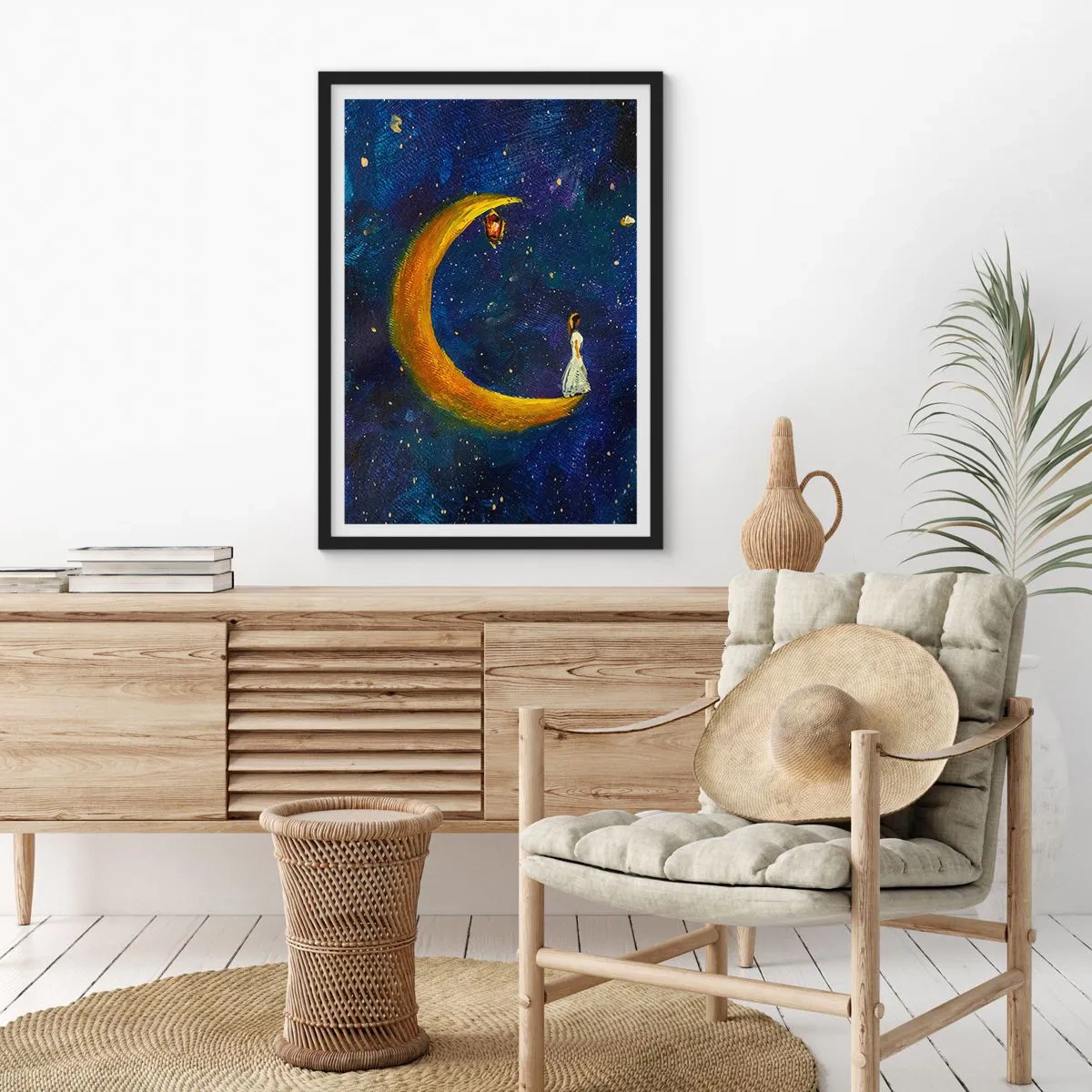 Affisch i svart ram - En figur på en gyllene måne mot en natthimmel med stjärnor - 50x70cm - Världens skrik - Modern väggdekoration för vardagsrum och sovrum ARTTOR