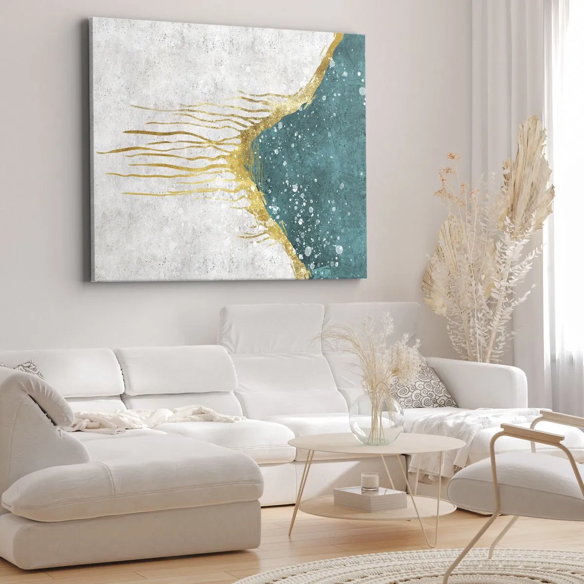 Canvastavla - Bild på duk - En abstrakt komposition i nyanser av guld och turkos - 70x50cm - Gyllene tidvatten - Modern väggdekoration för vardagsrum och sovrum ARTTOR