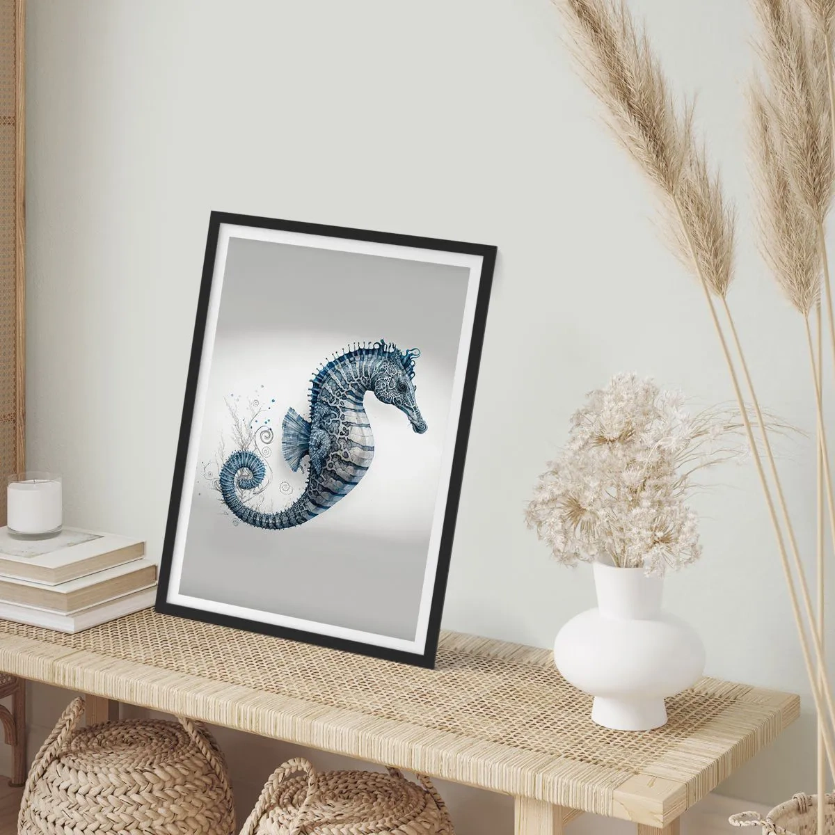 Affisch i svart ram - Detaljerad illustration av en sjöhäst mot en ljus bakgrund - 50x70cm - Ett subtilt skämt från naturen - Modern väggdekoration för vardagsrum och sovrum ARTTOR