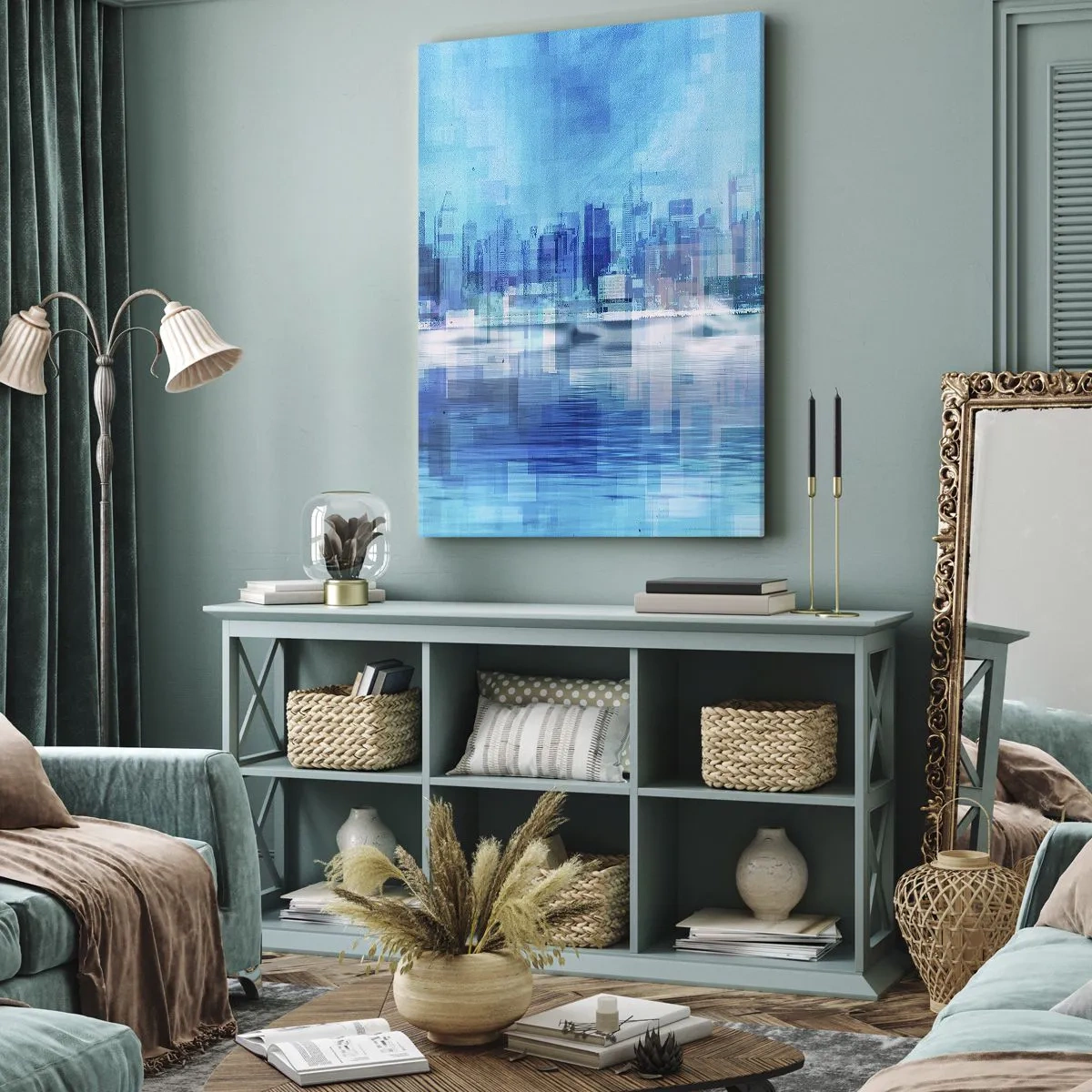 Canvastavla - Bild på duk - Försänkta i blått - 65x120 cm