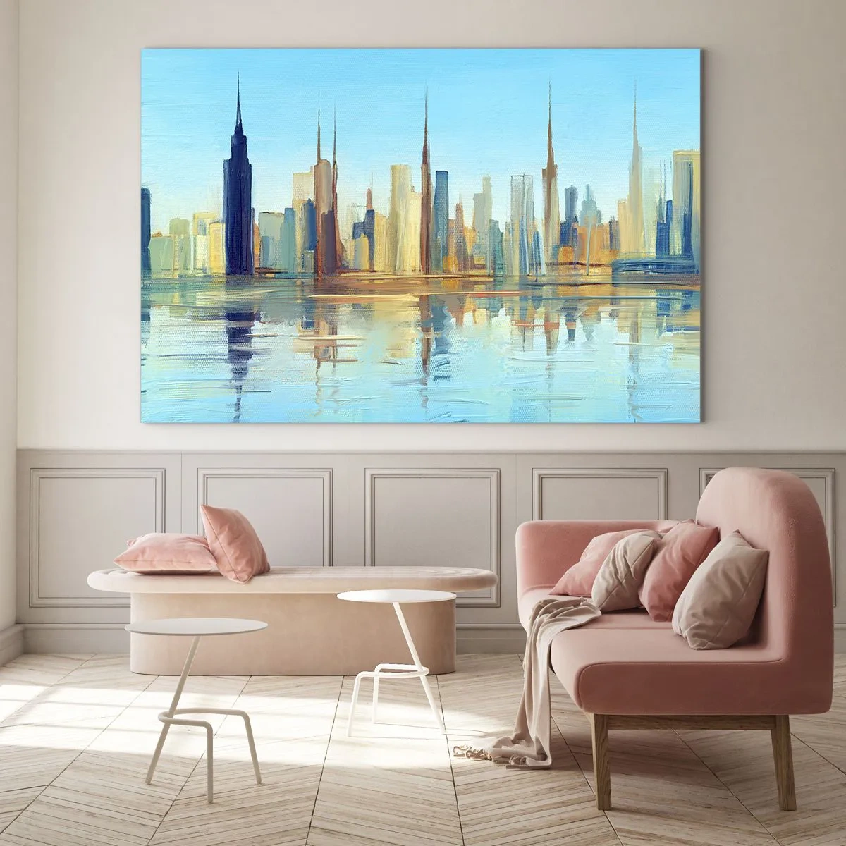 Glastavla - Bild på glas - Ett panorama över metropolen reflekterat i vattnet under en blå himmel - 70x50cm - Solig metropol - Modern väggdekoration för vardagsrum och sovrum ARTTOR