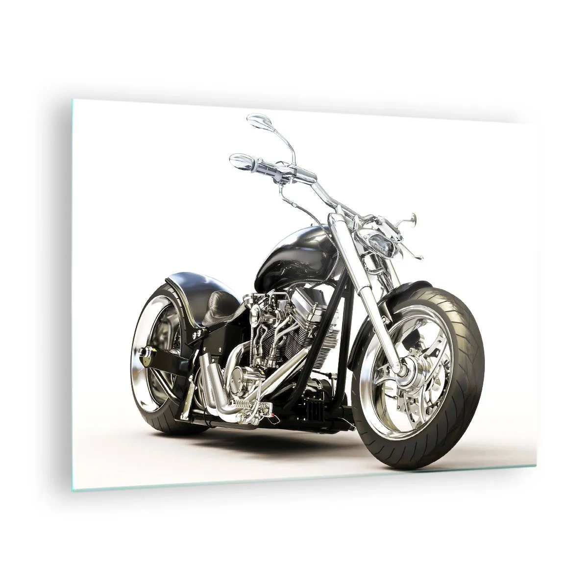 Glastavla - Bild på glas - En svart choppermotorcykel mot en ljus bakgrund - 70x50cm - Kraft med karaktär - Modern väggdekoration för vardagsrum och sovrum ARTTOR