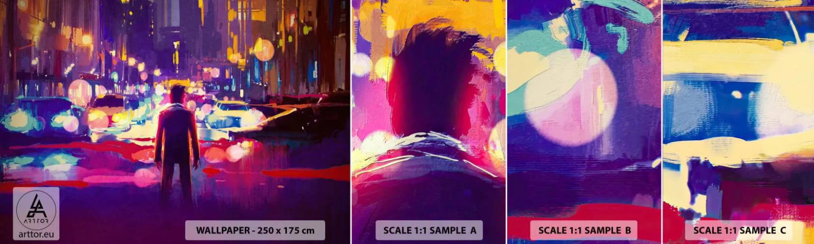 Provbit av självhäftande fototapet Deluxe Sticker - Doppad i ljuset - Stad, Man, New York - 100x30 cm