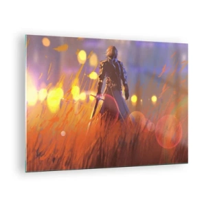 Glastavla - Bild på glas - En figur i rustning bland orange gräs med en lysande bakgrund. - 70x50cm - Vandrande riddare - Modern väggdekoration för vardagsrum och sovrum ARTTOR