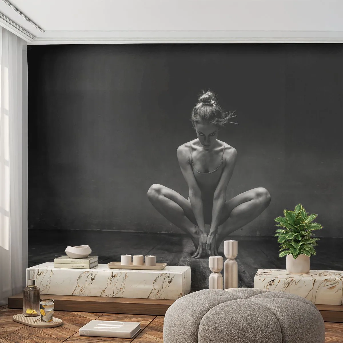 Fototapet Premium Sand - Koncentrerad dansenergi - Dansare, Kvinna, Svartvitt - 100x70 cm