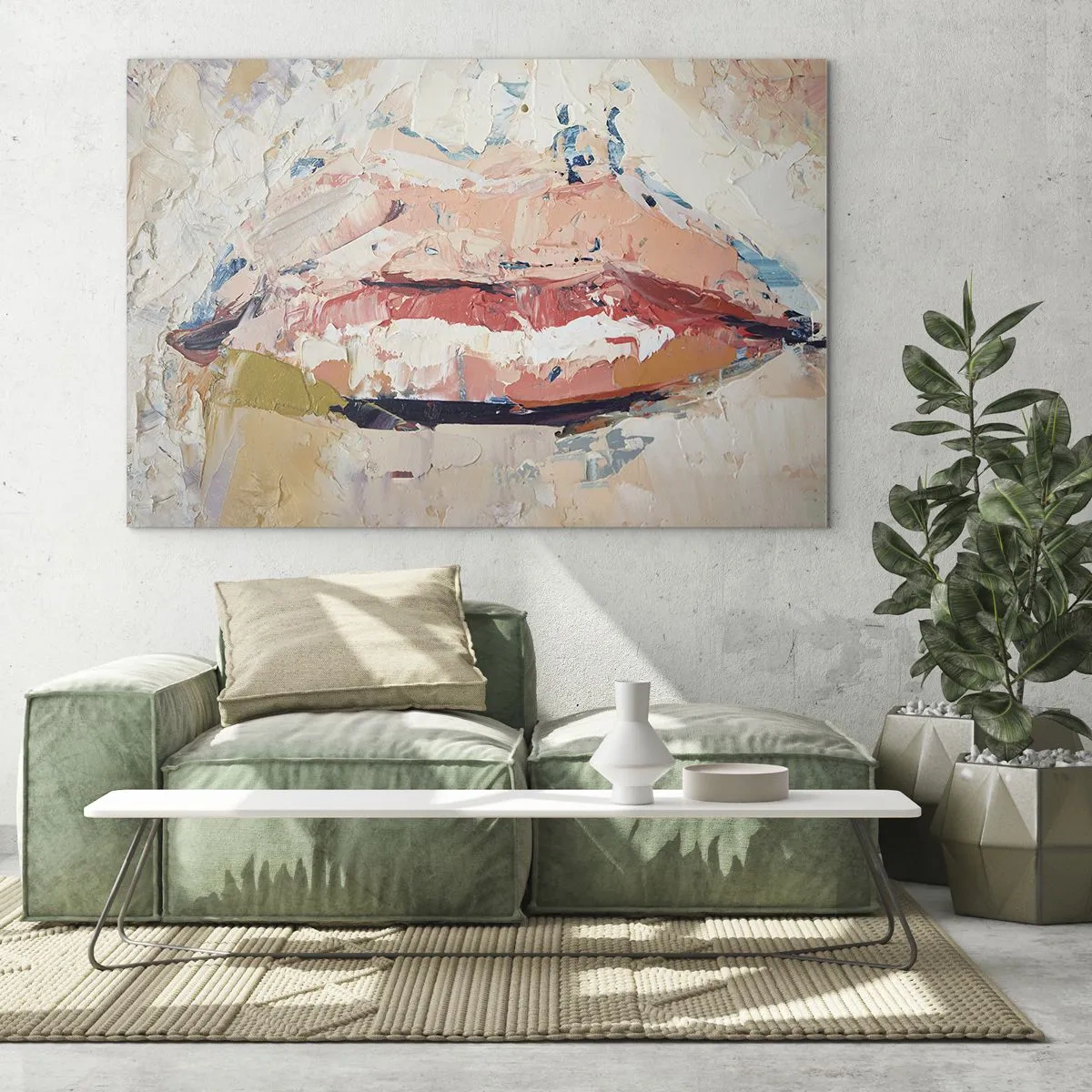 Glastavla - Bild på glas - Abstrakt bild av läppar i en uttrycksfull målningsteknik - 70x50cm - Väcker sinnen - Modern väggdekoration för vardagsrum och sovrum ARTTOR
