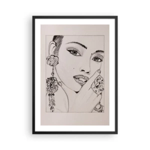 Affisch i svart ram - Skiss av en kvinna som bär glamorösa smycken - 50x70cm - Den vackraste juvelen - Modern väggdekoration för vardagsrum och sovrum ARTTOR
