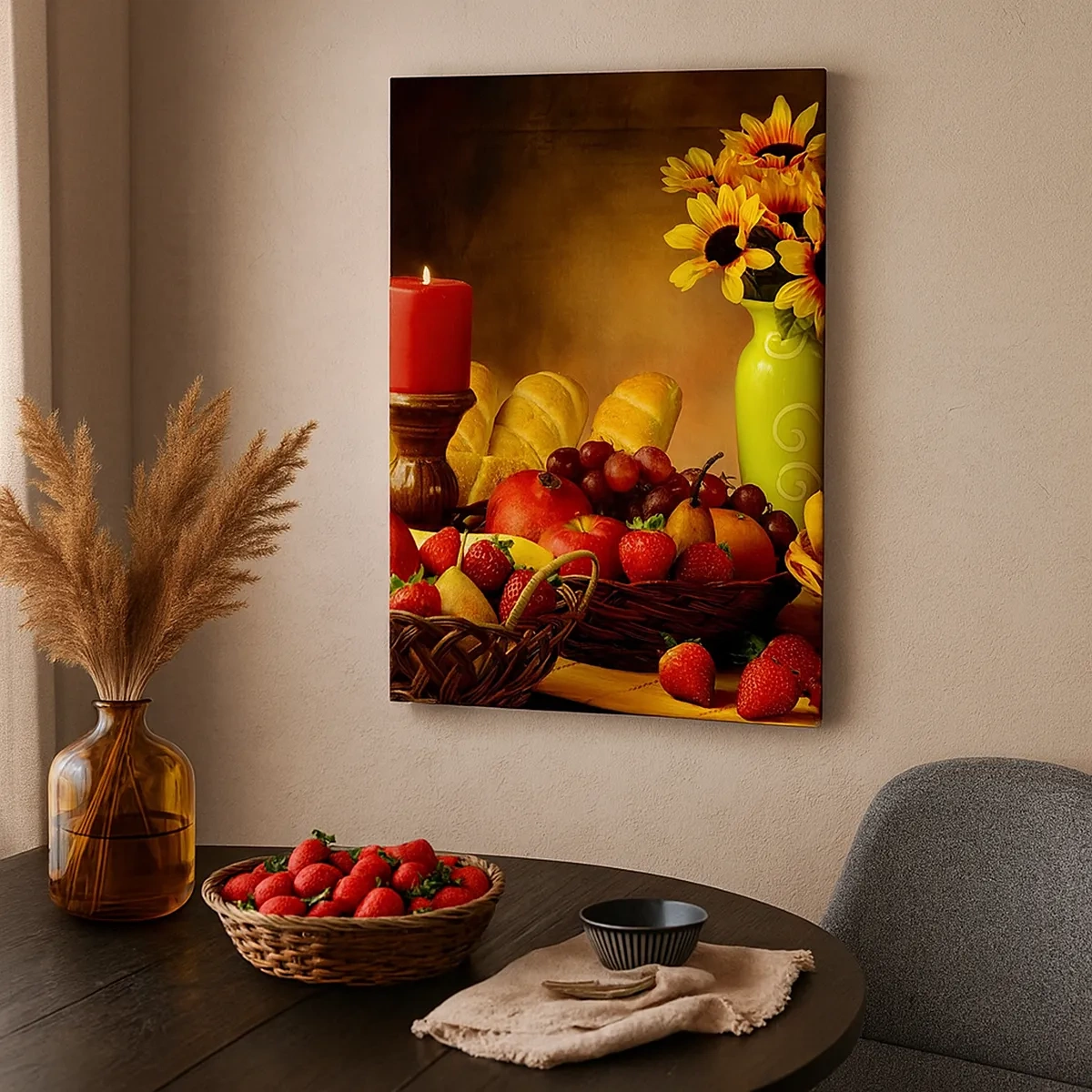 Canvastavla - Bild på duk - Stilleben med bröd och frukt - 50x70 cm