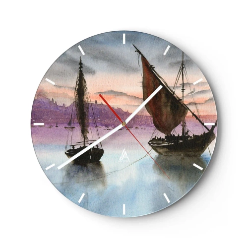 Väggklocka - Klocka på glas - Segelfartyg på vattnet vid solnedgången - 30x30cm - Kväll i hamnen - Modern väggdekoration för vardagsrum, kök och sovrum ARTTOR