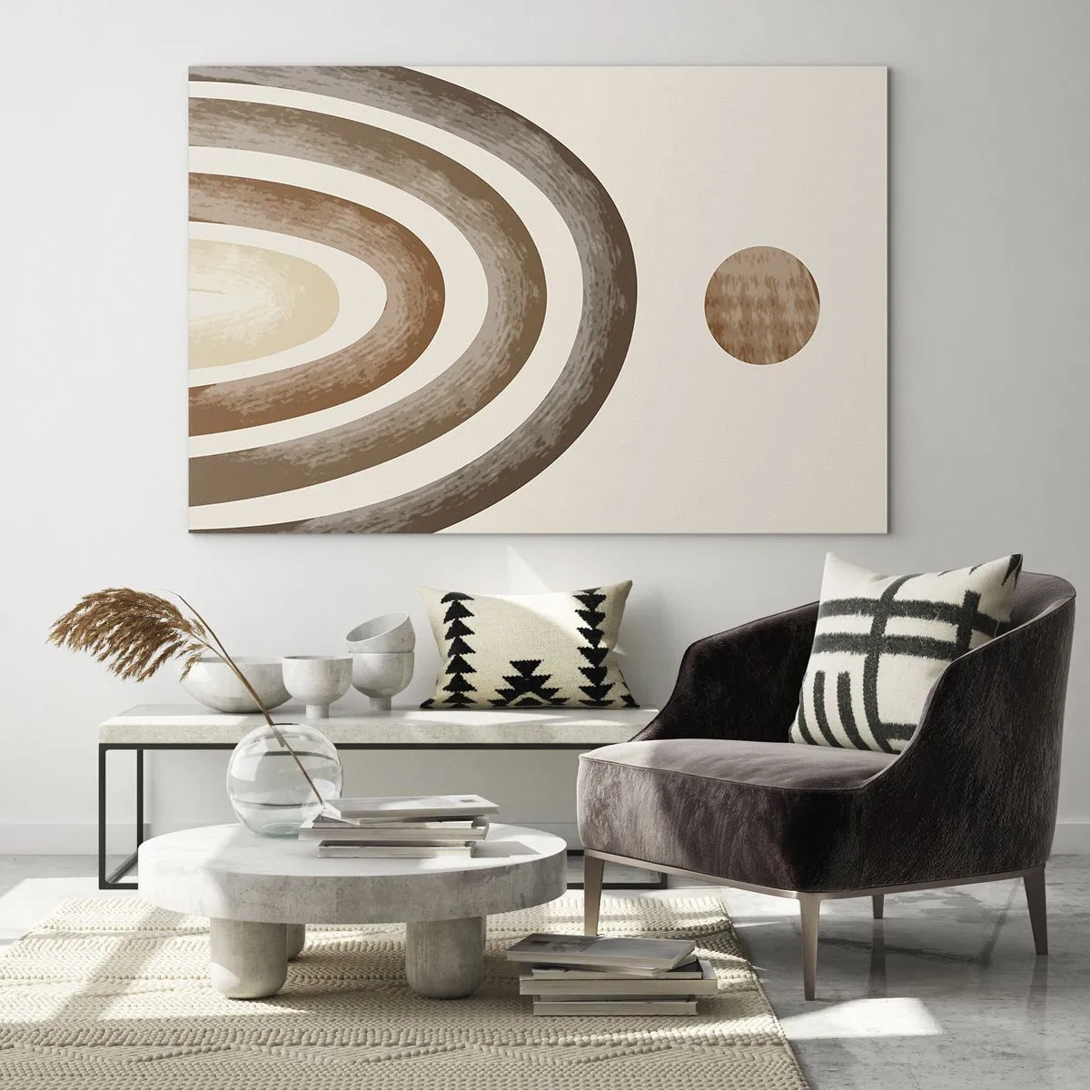 Glastavla - Bild på glas - Abstrakta ränder och cirklar i nyanser av brunt - 70x50cm - I den avlägsna galaxen - Modern väggdekoration för vardagsrum och sovrum ARTTOR