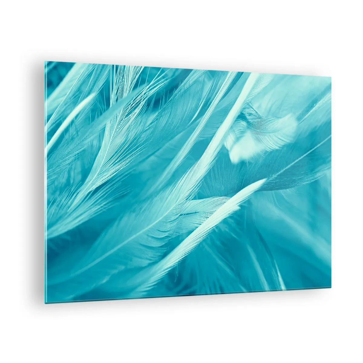 Glastavla - Bild på glas - Turkosa fjädrar i en delikat närbild - 70x50cm - Drunkna i dun - Modern väggdekoration för vardagsrum och sovrum ARTTOR