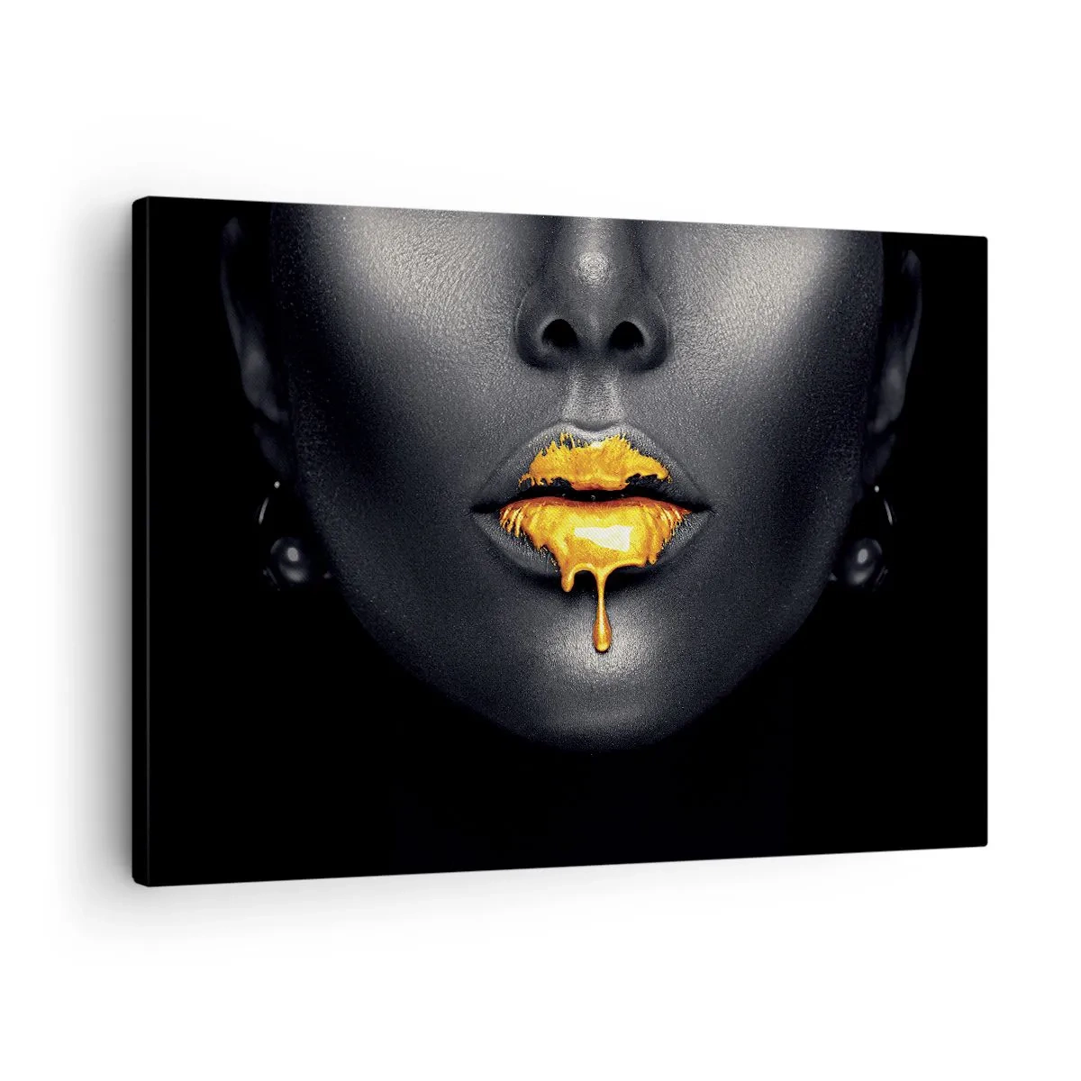 Canvastavla - Bild på duk - Svart och guld porträtt av en kvinna med en droppe guld på läpparna - 70x50cm - Guldmun - Modern väggdekoration för vardagsrum och sovrum ARTTOR