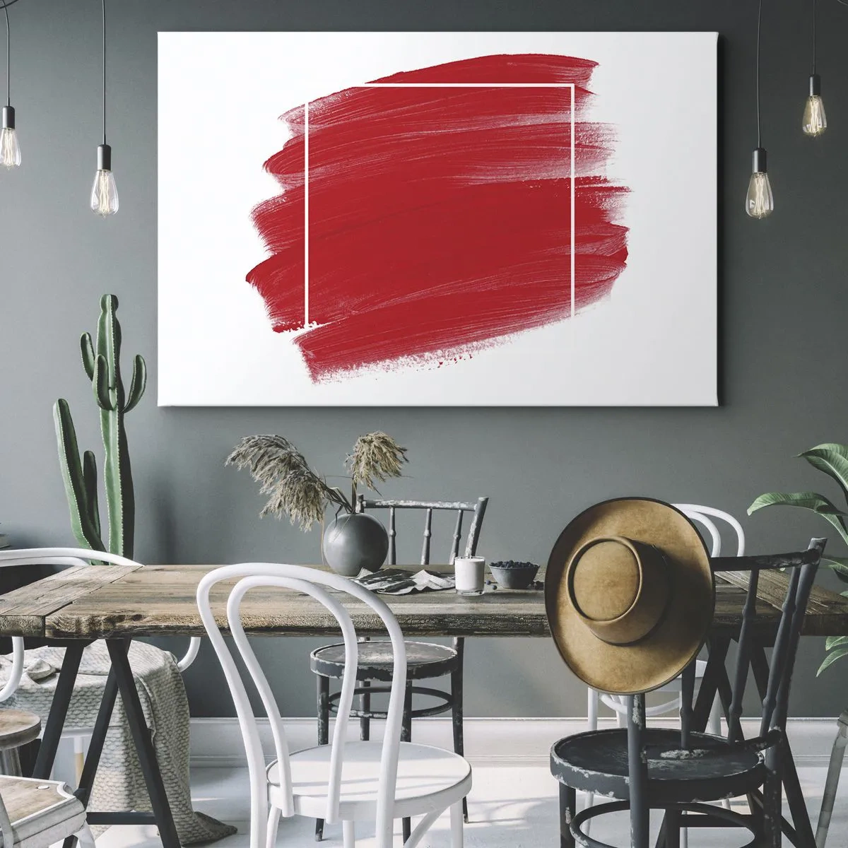 Canvastavla - Bild på duk - Rött penseldrag med vit kant - 70x50cm - Utanför ramen - Modern väggdekoration för vardagsrum och sovrum ARTTOR
