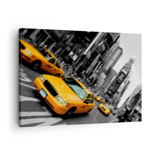 Canvastavla - Bild på duk - Gula taxibilar vid en livlig stadskorsning - 70x50cm - New Yorks soldroppar - Modern väggdekoration för vardagsrum och sovrum ARTTOR