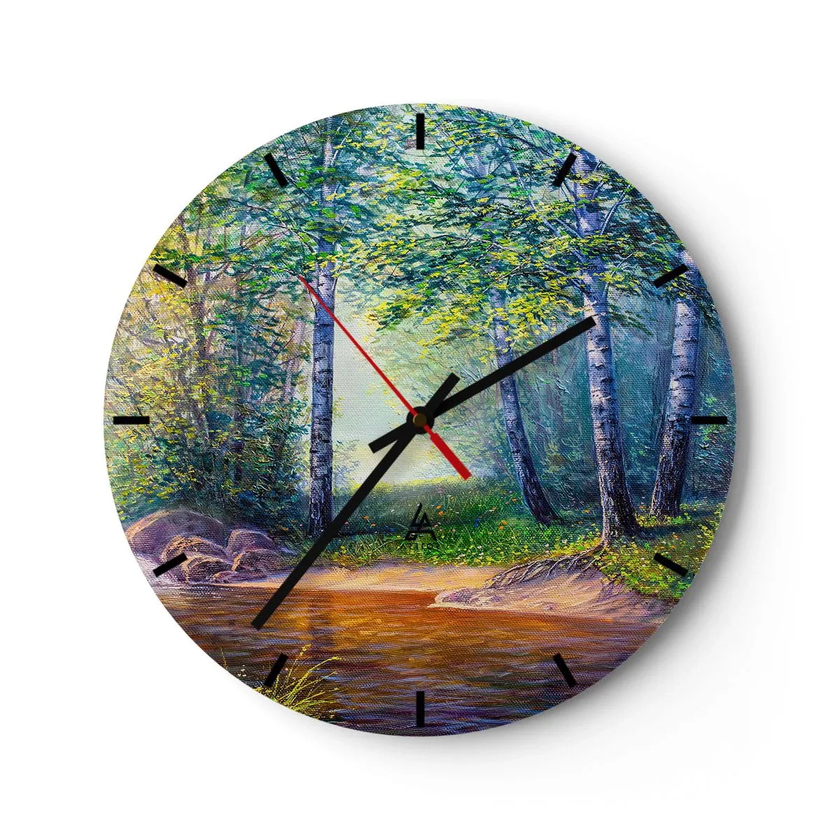 Väggklocka - Klocka på glas - En pittoresk björkskog med en flod upplyst av solens strålar - 30x30cm - Idyllisk vy - Modern väggdekoration för vardagsrum, kök och sovrum ARTTOR