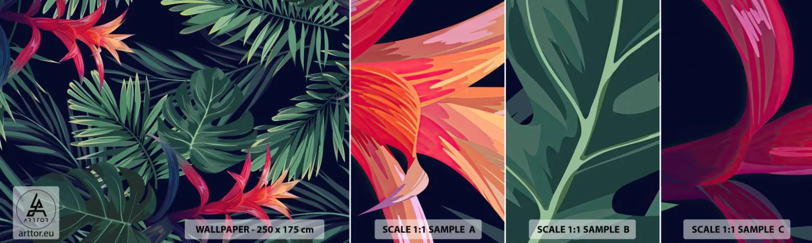 Provbit av självhäftande fototapet Deluxe Sticker - Brinna i grönskan - Blommor, Tropisk växt, Palmblad - 100x30 cm