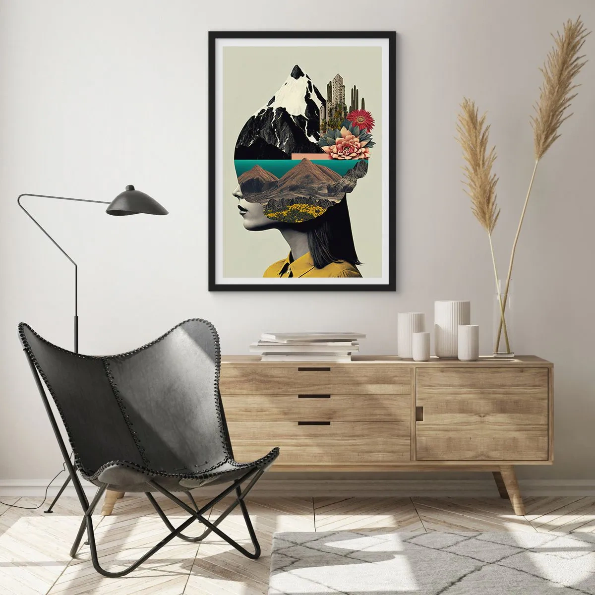 Affisch i svart ram - En kvinna med ett surrealistiskt landskap i huvudet - 50x70cm - Kvinnan - alltid ett mysterium - Modern väggdekoration för vardagsrum och sovrum ARTTOR